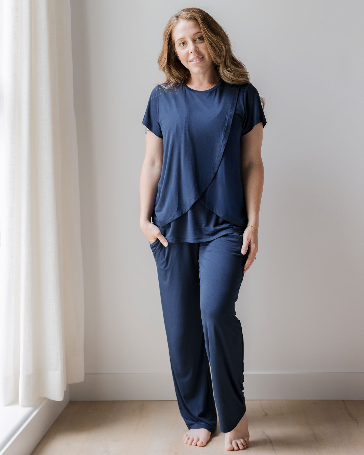 Tulip Hem Short Sleeve Maternity Nursing Pajama Set Navy