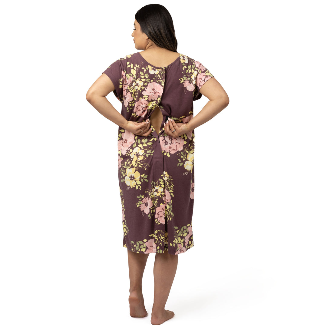 Model wearing the Universal Labor & Delivery Gown in Burgundy Plum Floral showing the back epidural access.