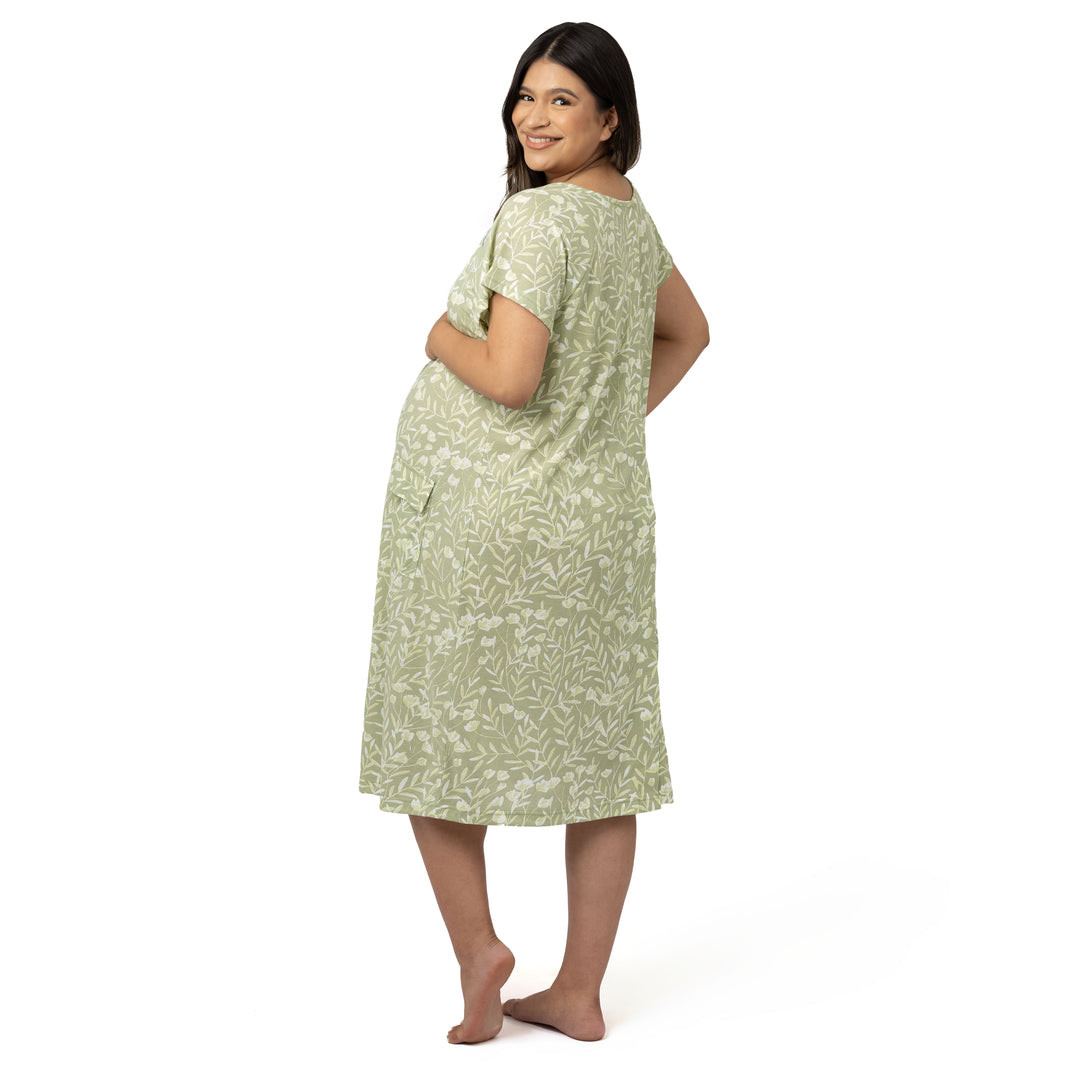 Back view of a model wearing the Universal Labor & Delivery Gown in Fern