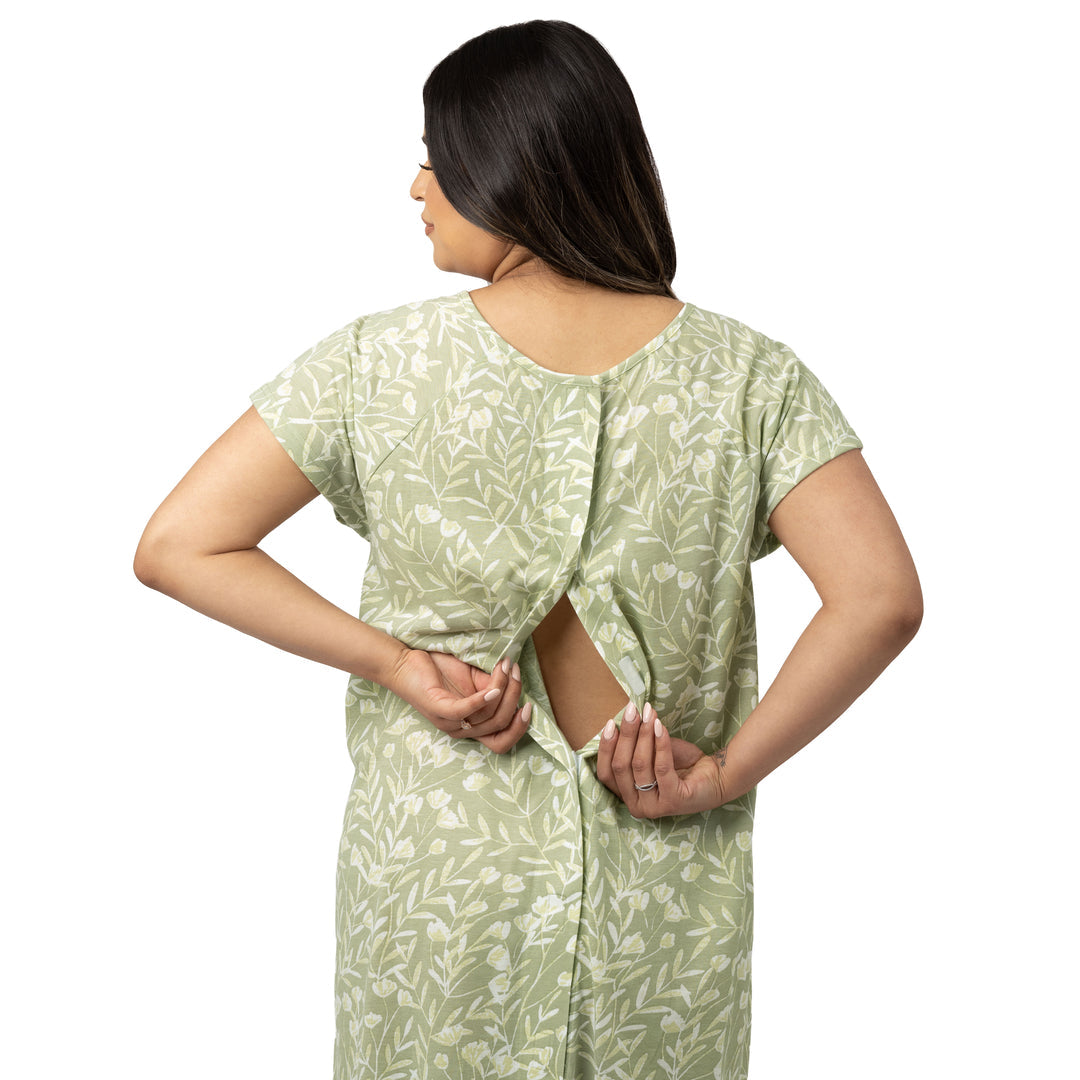 Back view of a model wearing the Universal Labor & Delivery Gown in Fern showing the epidural access.