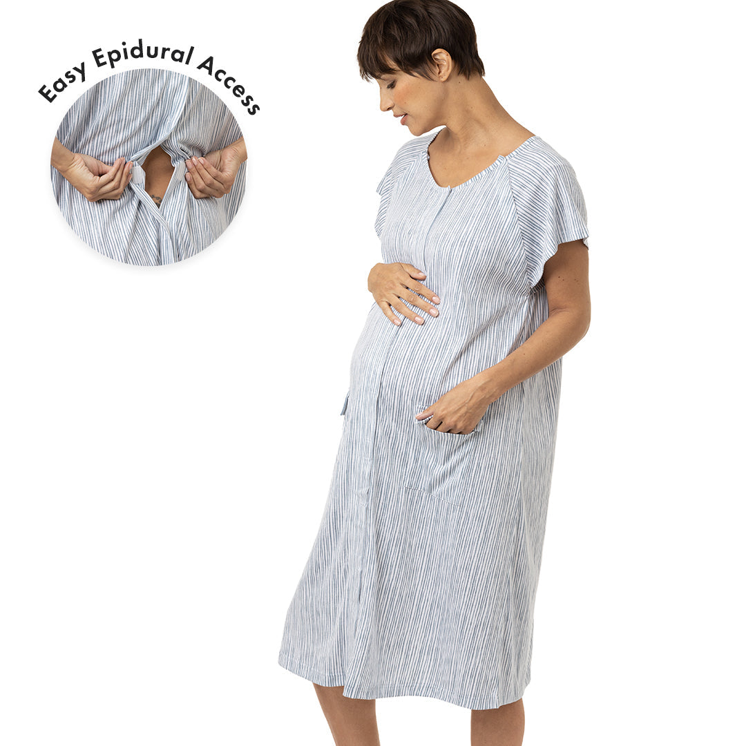 Model wearing the Universal Labor & Delivery Gown in Pinstripe. showing the easy epidural access.