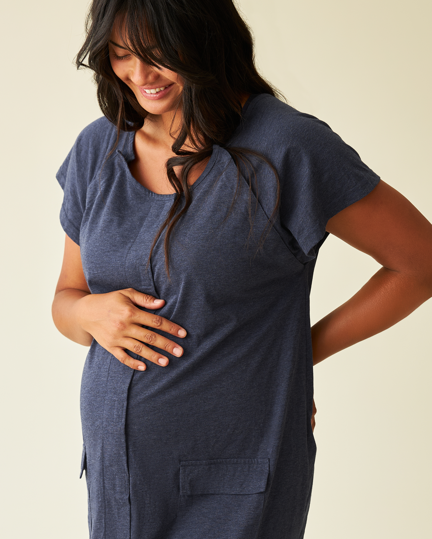 model wearing Universal Labor & Delivery Gown in Navy Heather