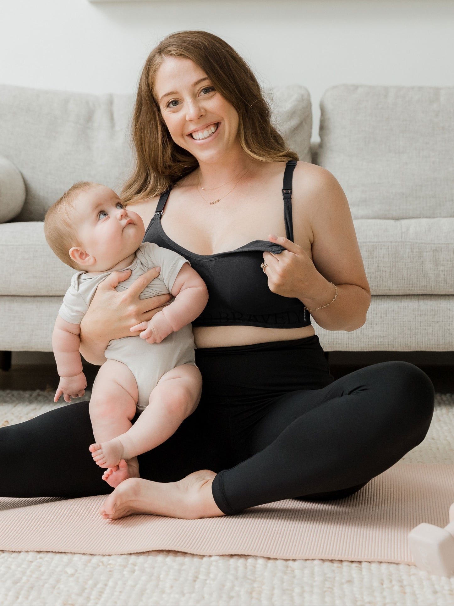 Model wearing the Sublime® Hands-Free Pumping & Nursing Sports Bra in black