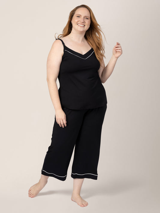 Front view of model wearing Clea Bamboo Nursing Tank & Capri Pajama Set in Black @model_info:Ryn is 5'9" and wearing an X-Large.
