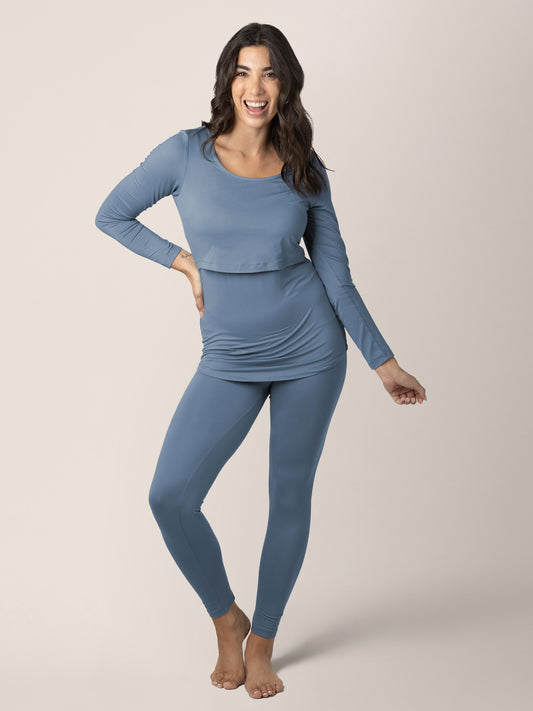 Model wearing the Jane Nursing Pajama Set in Slate Blue with her hand on her hip. @model_info:Alexis is 5'10" and wearing a Medium.