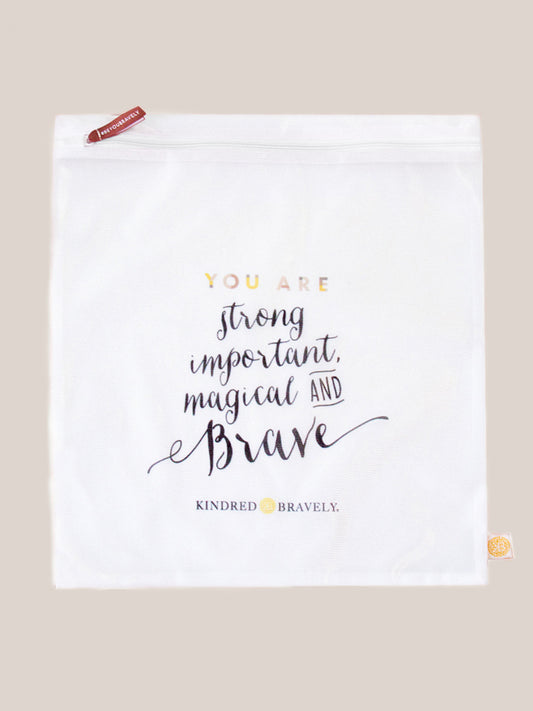 Image of the Mesh Lingerie Laundry bag against an off white background with a motivational saying