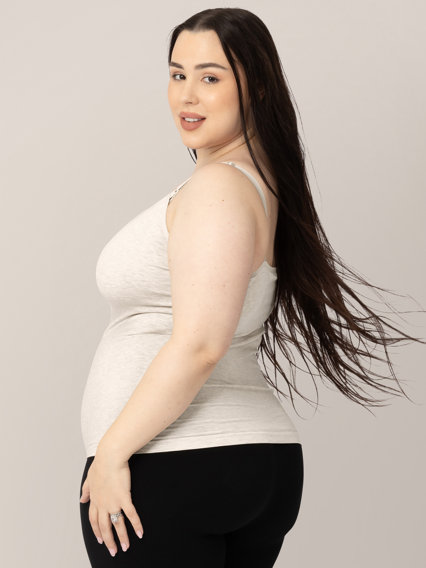 Side view of a model wearing the Sublime® Bamboo Maternity & Nursing Camisole in Oatmeal Heather