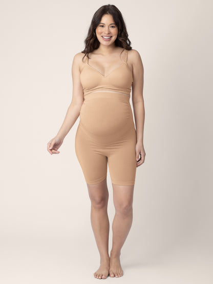Front view of a pregnant model wearing the Seamless Bamboo Maternity Thigh Savers