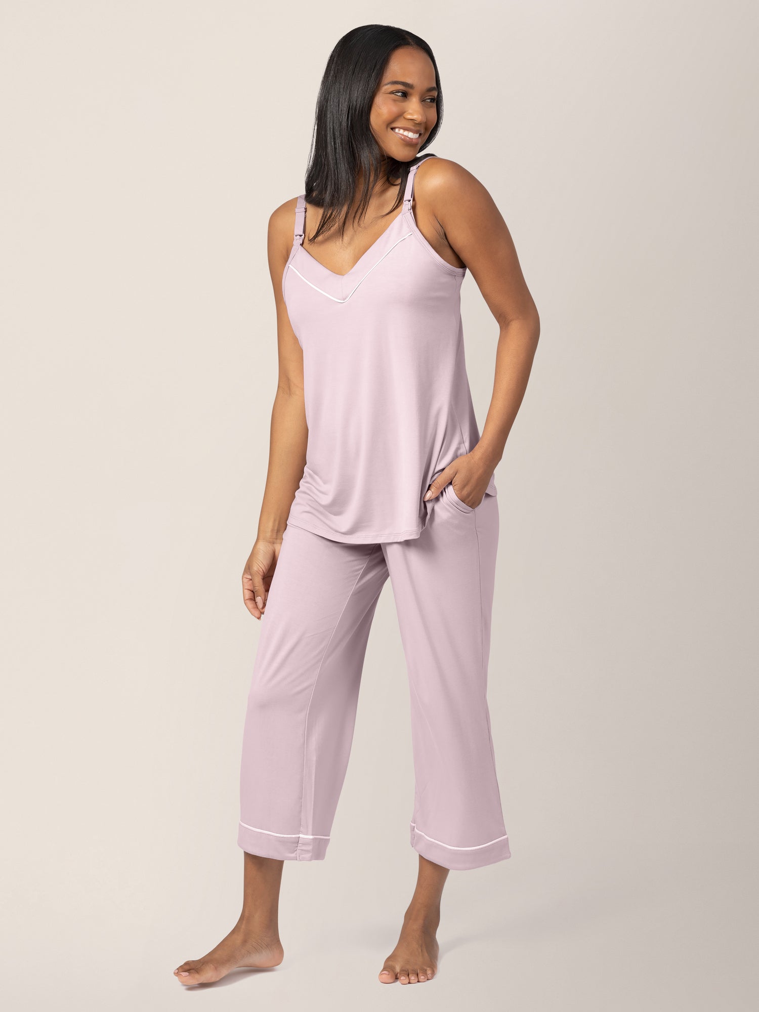 Front view of model wearing Clea Bamboo Nursing Tank & Capri Pajama Set in Lilac, with hands in pockets