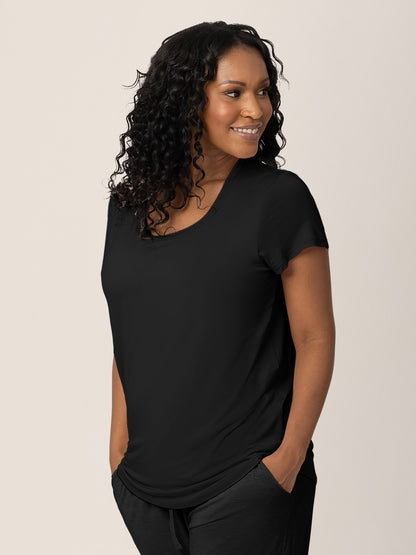 Model looking to the side while wearing the Everyday Maternity & Nursing T-shirt in Black