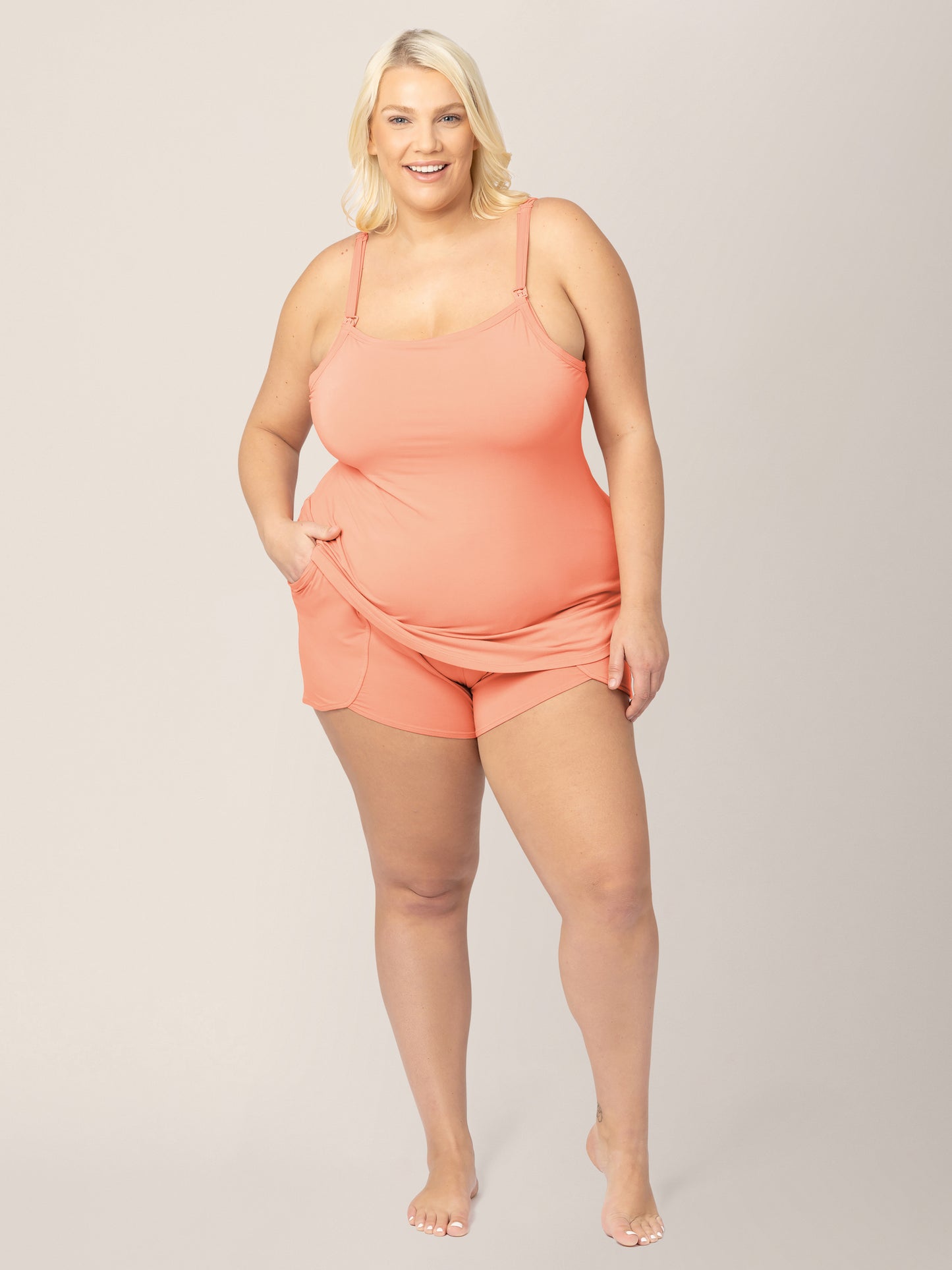 Front view of model wearing the Bamboo Lounge Around Nursing & Maternity Tank in vintage coral paired with matching Bamboo Maternity & Postpartum Lounge Shorts