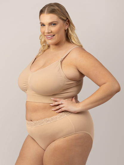 Side view of a model wearing the Simply Sublime® Nursing Bra in Beige