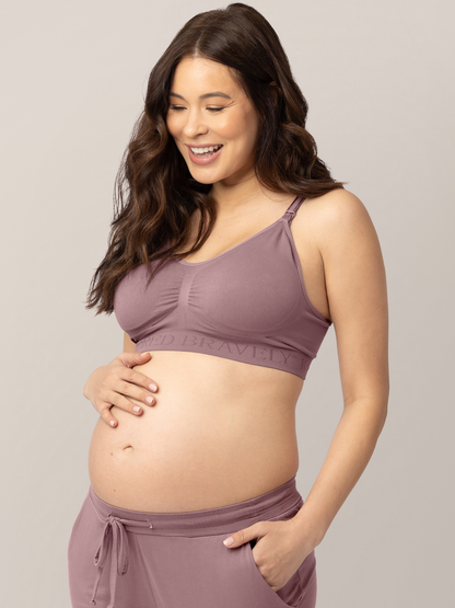 Side view of a pregnant model wearing the Simply Sublime® Nursing Bra in Twilight