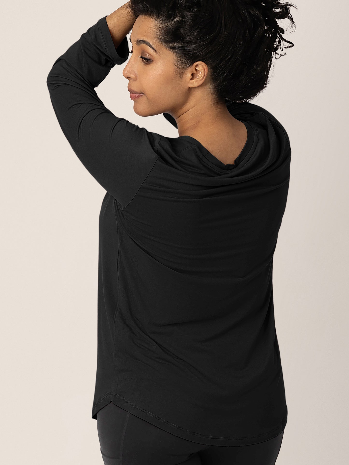 Back of a model wearing the Bamboo Maternity & Nursing Long Sleeve T-Shirt in Black with her hair up.