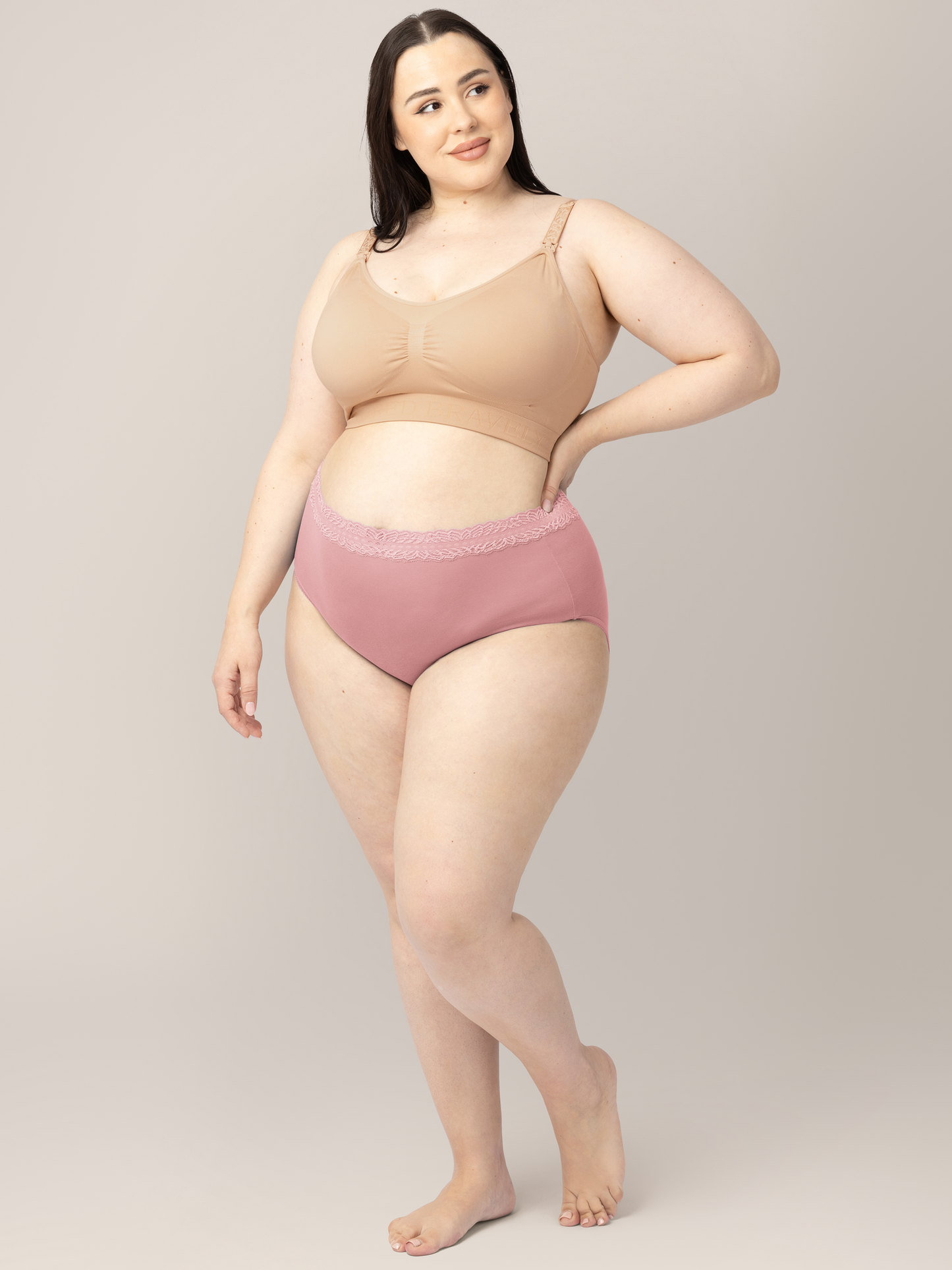 Model wearing the High Waisted Postpartum underwear in Dusty Hues. 