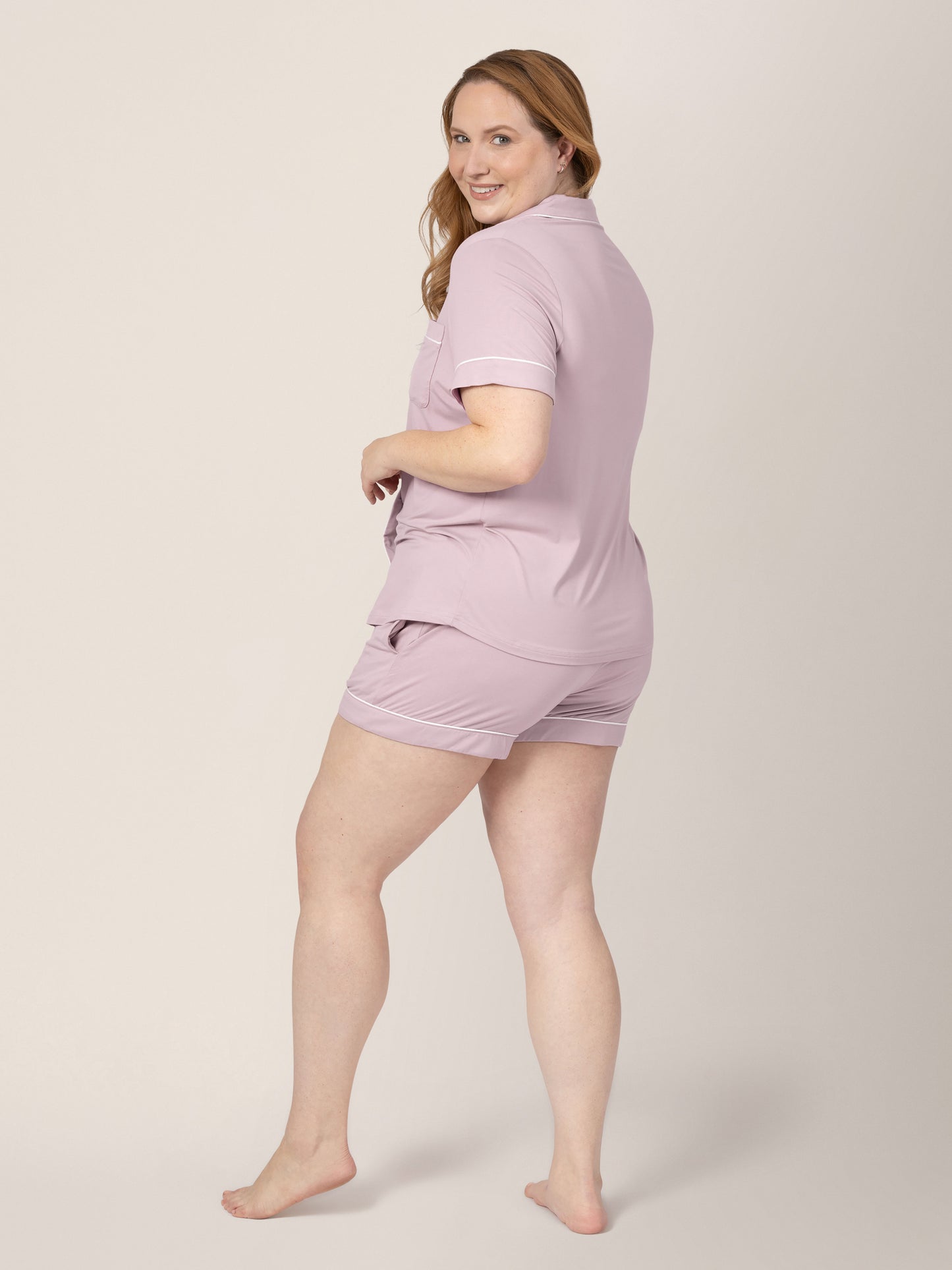 Back view of model wearing the Clea Bamboo Classic Short Sleeve Pajama Set in Lilac
