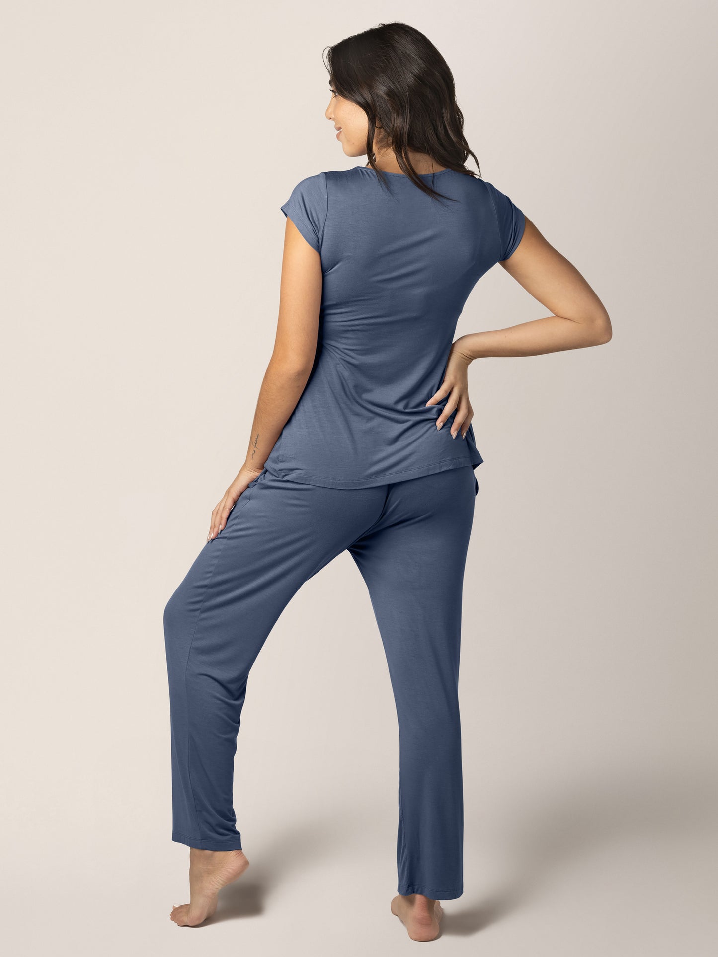Back of a model wearing the Davy Maternity & Nursing Pajama Set in Slate Blue