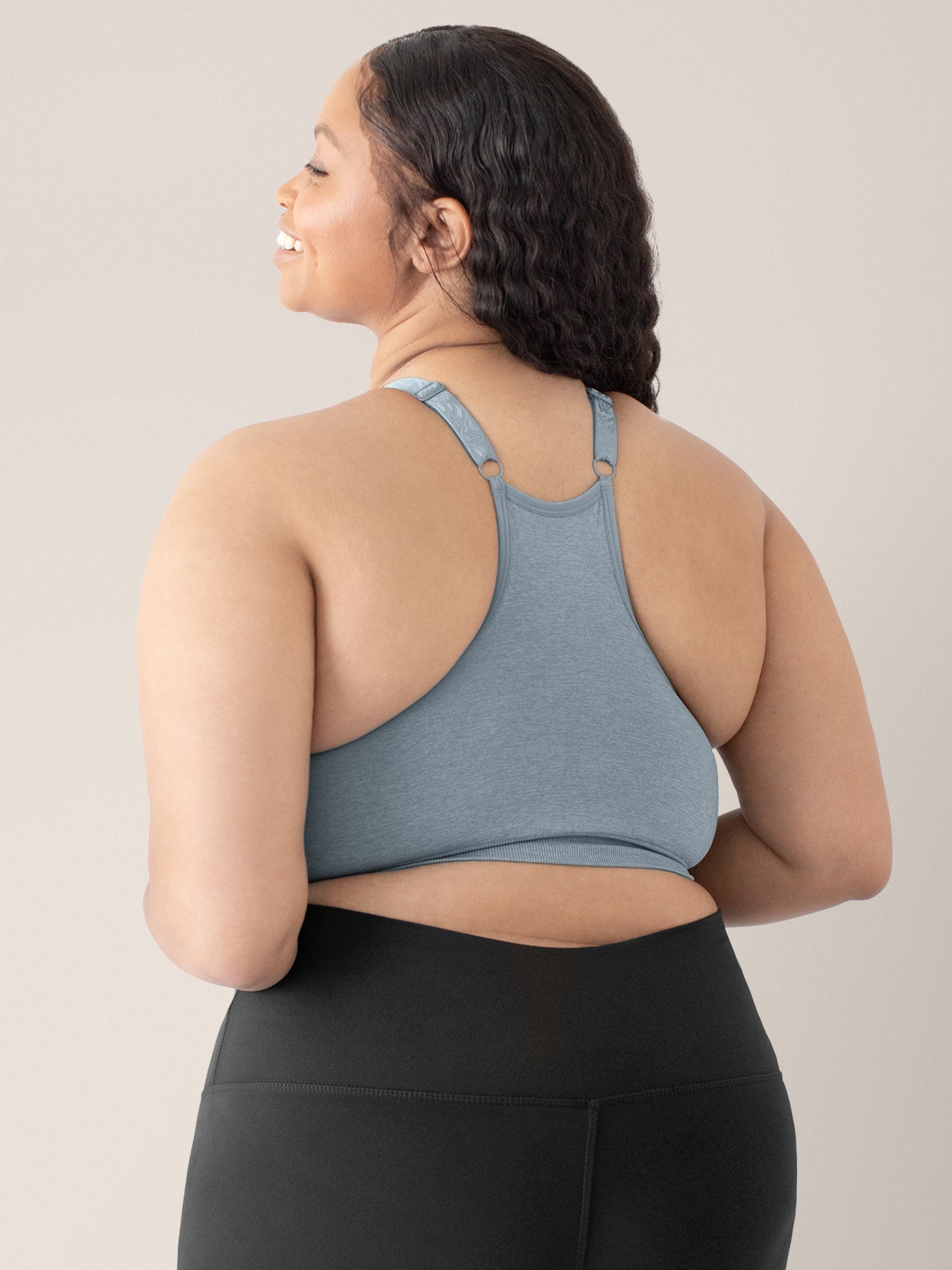Back view of a model wearing the Diana Sublime® Sports Bra in Seaglass Heather