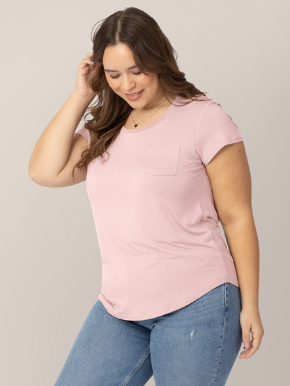 Model wearing the  Everyday Maternity & Nursing T-shirt in Dusty Pink looking down,