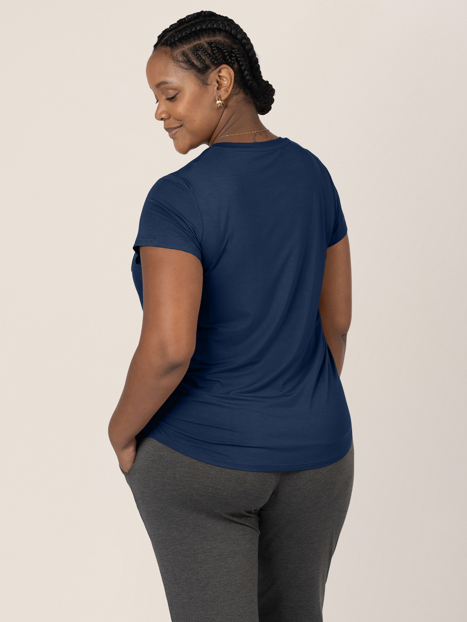 Back of a model wearing the Everyday Maternity & Nursing T-shirt in Navy