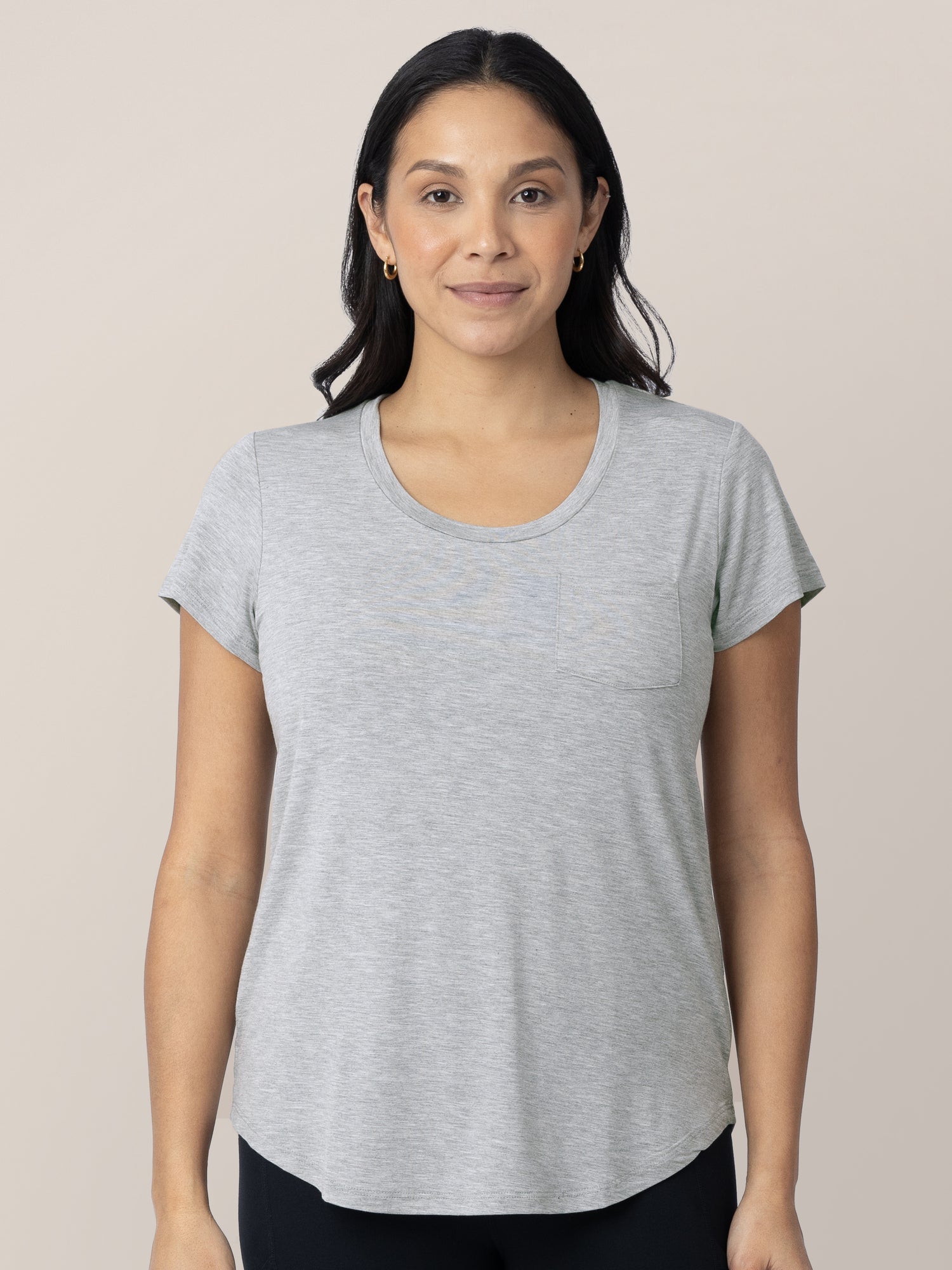 Front view of a model wearing the Everyday Maternity & Nursing T-shirt in Grey Heather