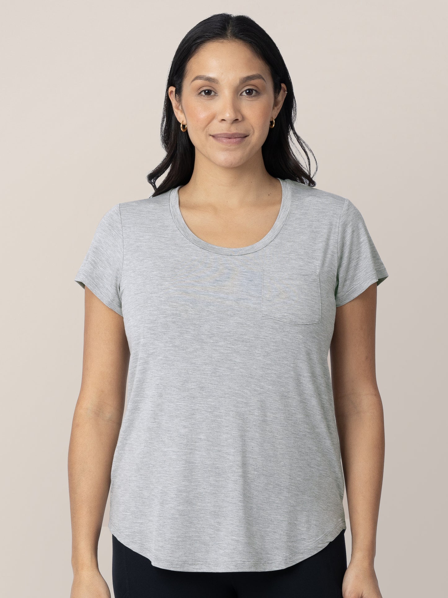 Front view of a model wearing the Everyday Maternity & Nursing T-shirt in Grey Heather