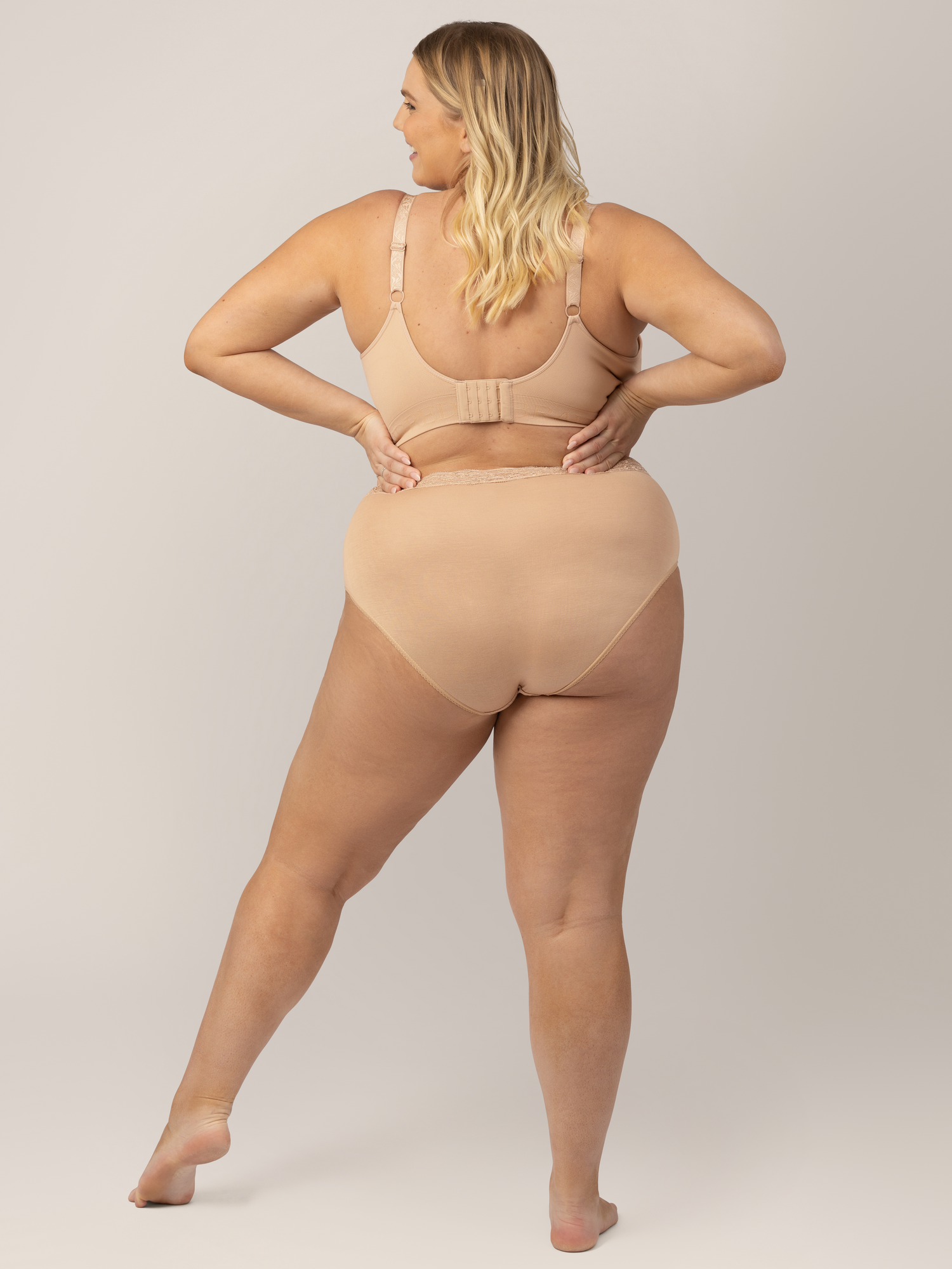Back view of a model wearing the Simply Sublime® Nursing Bra in Beige