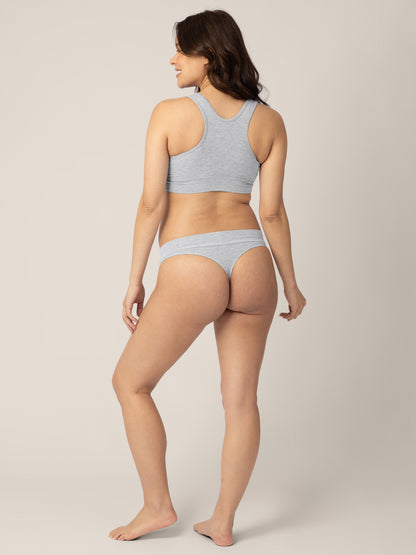 Back view of a model wearing the Bamboo Maternity & Postpartum Thong in Grey Heather