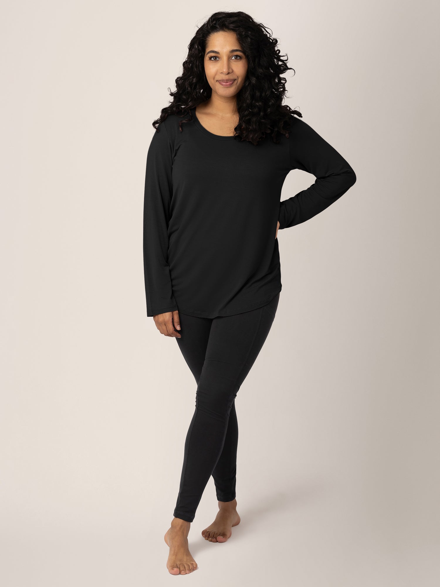 Full body view of a model wearing the Bamboo Maternity & Nursing Long Sleeve T-Shirt in Black.