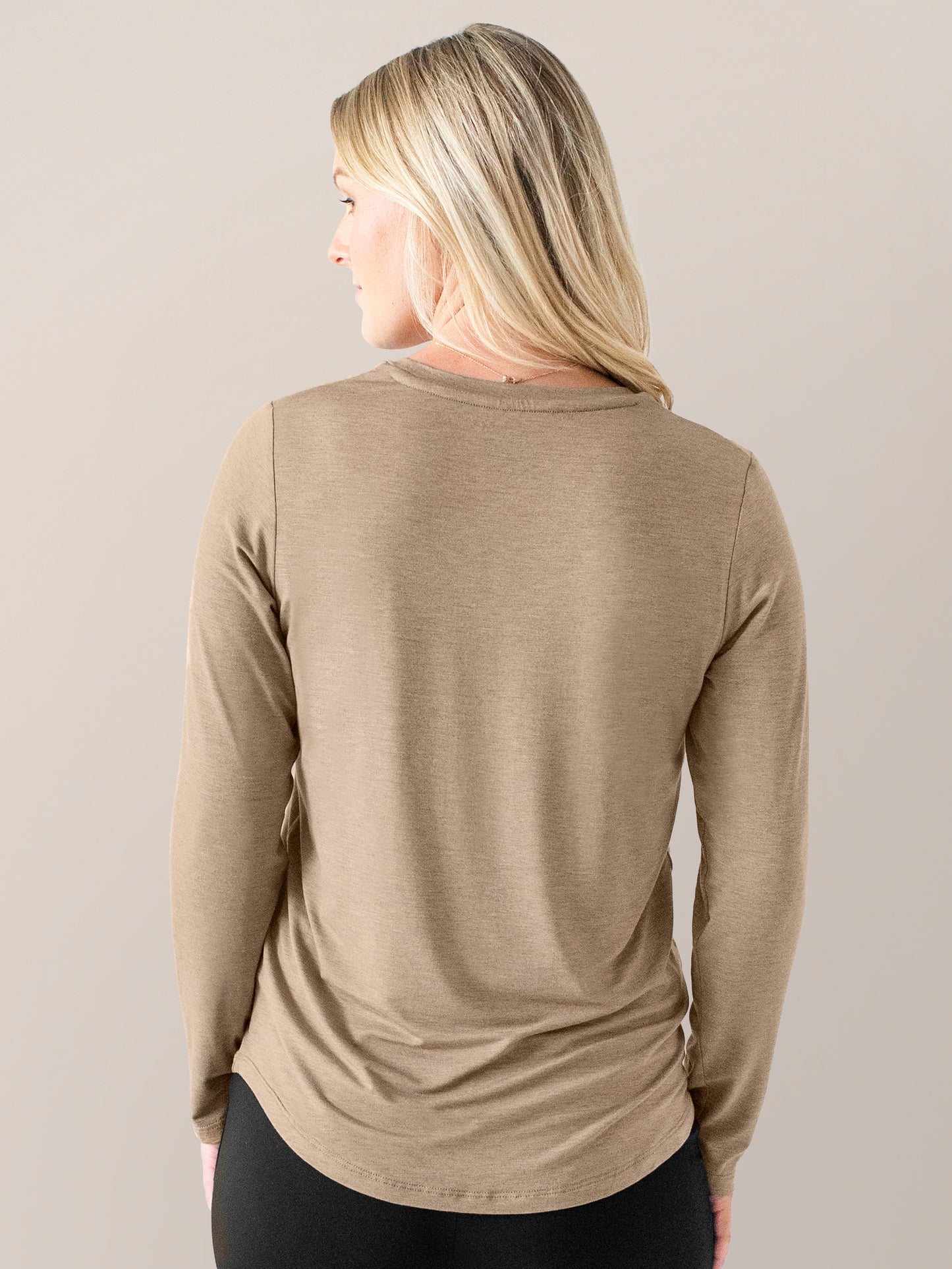 Back of a model wearing the Bamboo Maternity & Nursing Long Sleeve T-shirt in Wheat