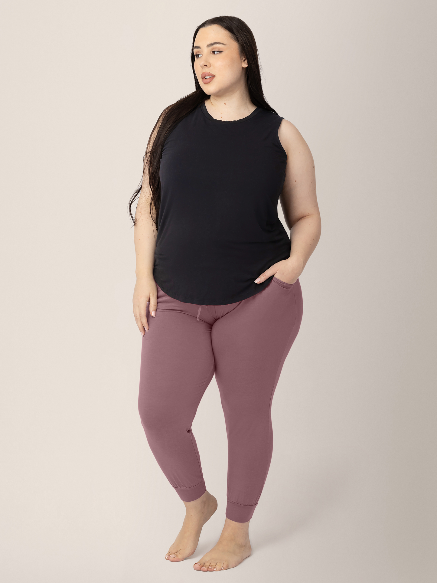 Model styling the Bamboo Nursing & Maternity Tank in Black with the Twilight Everyday Lounge Jogger.