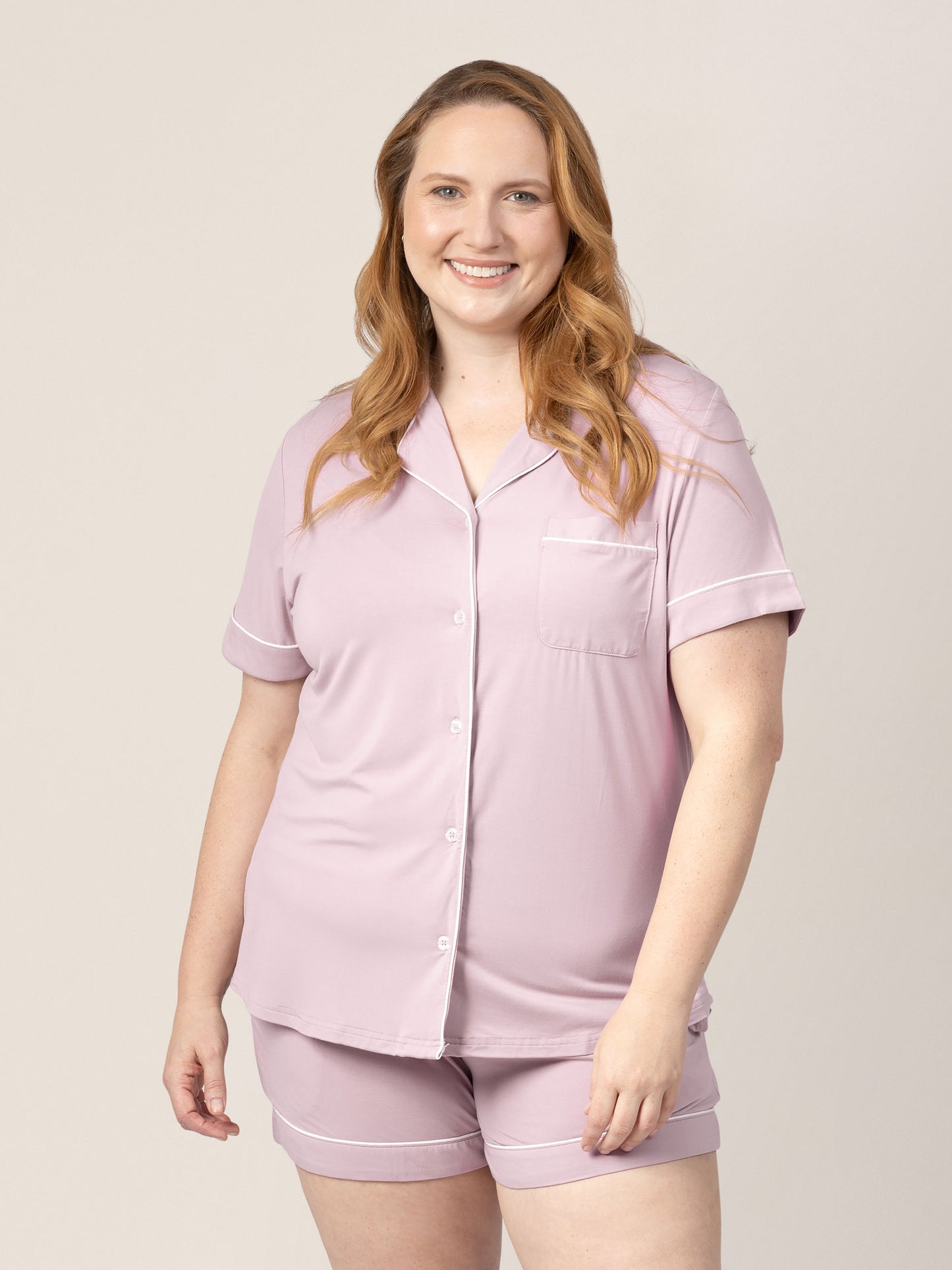 Front view of model wearing the Clea Bamboo Classic Short Sleeve Pajama Set in Lilac