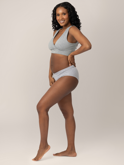Side view of a model wearing the  Bamboo Maternity & Postpartum Hipster in Grey Heather