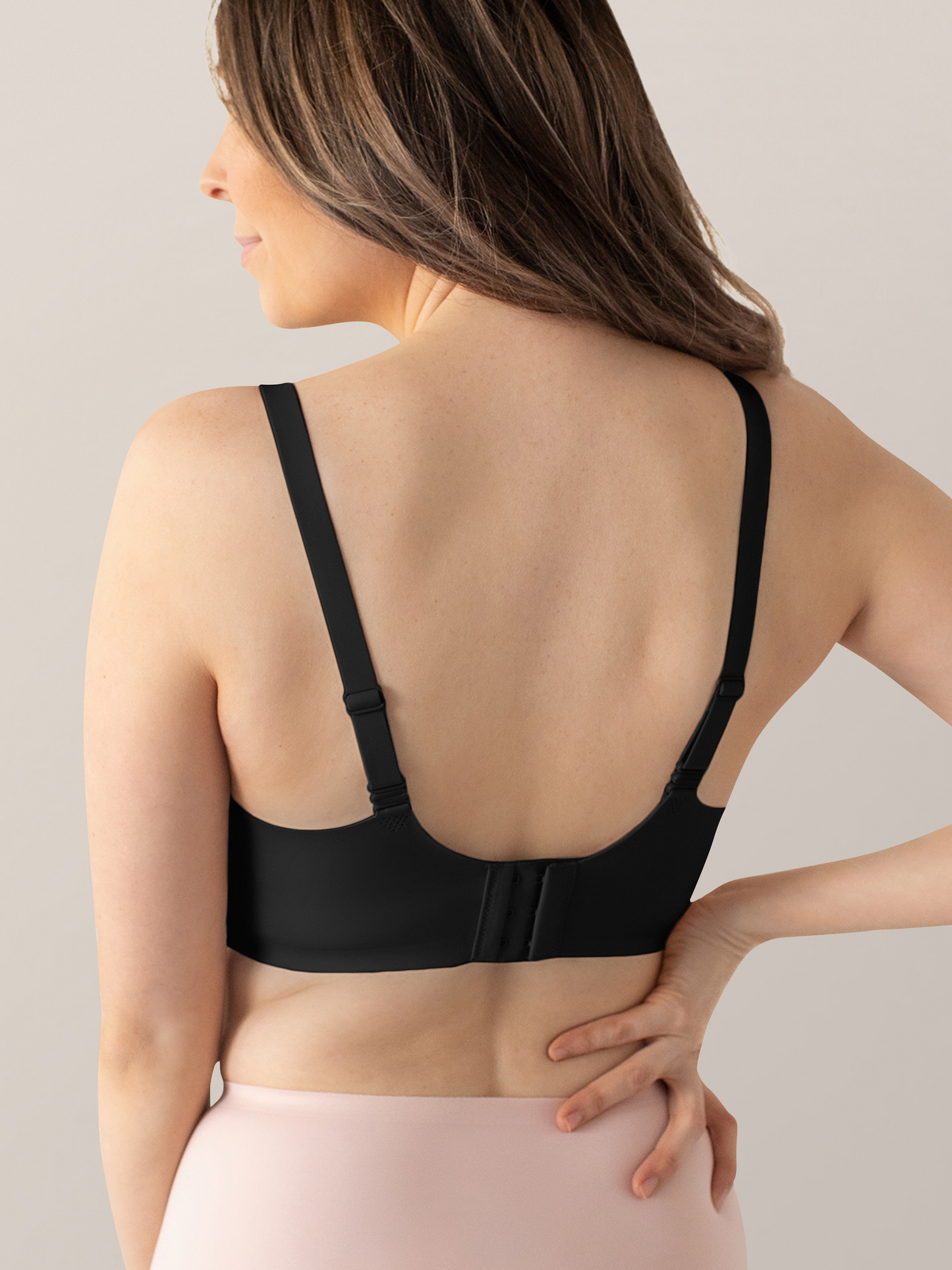 Back of a model wearing the Ultra Comfort Smooth Classic Nursing Bra | Black