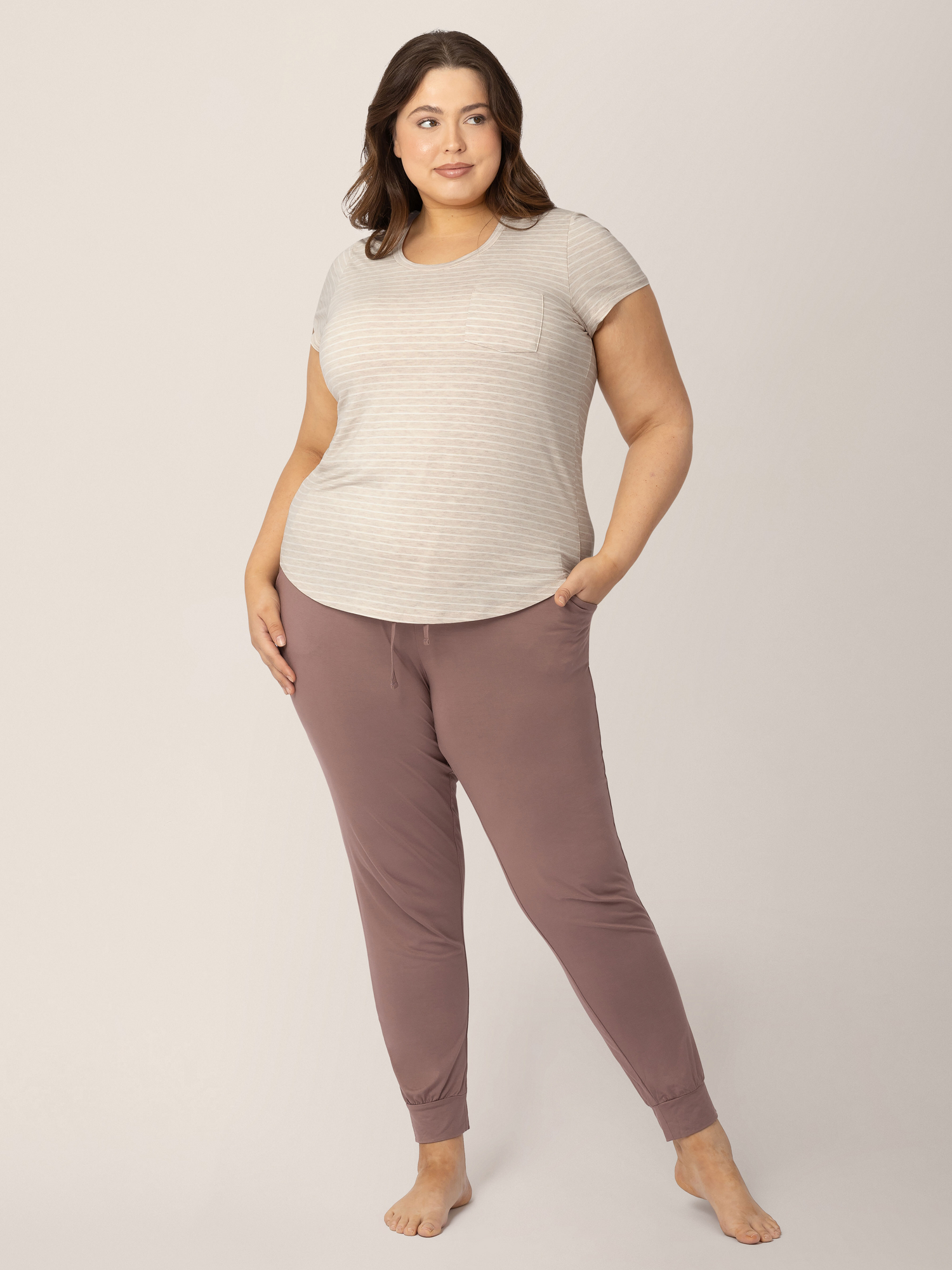 Front View of a model wearing the Everyday Maternity & Nursing T-shirt in Oatmeal Stripe