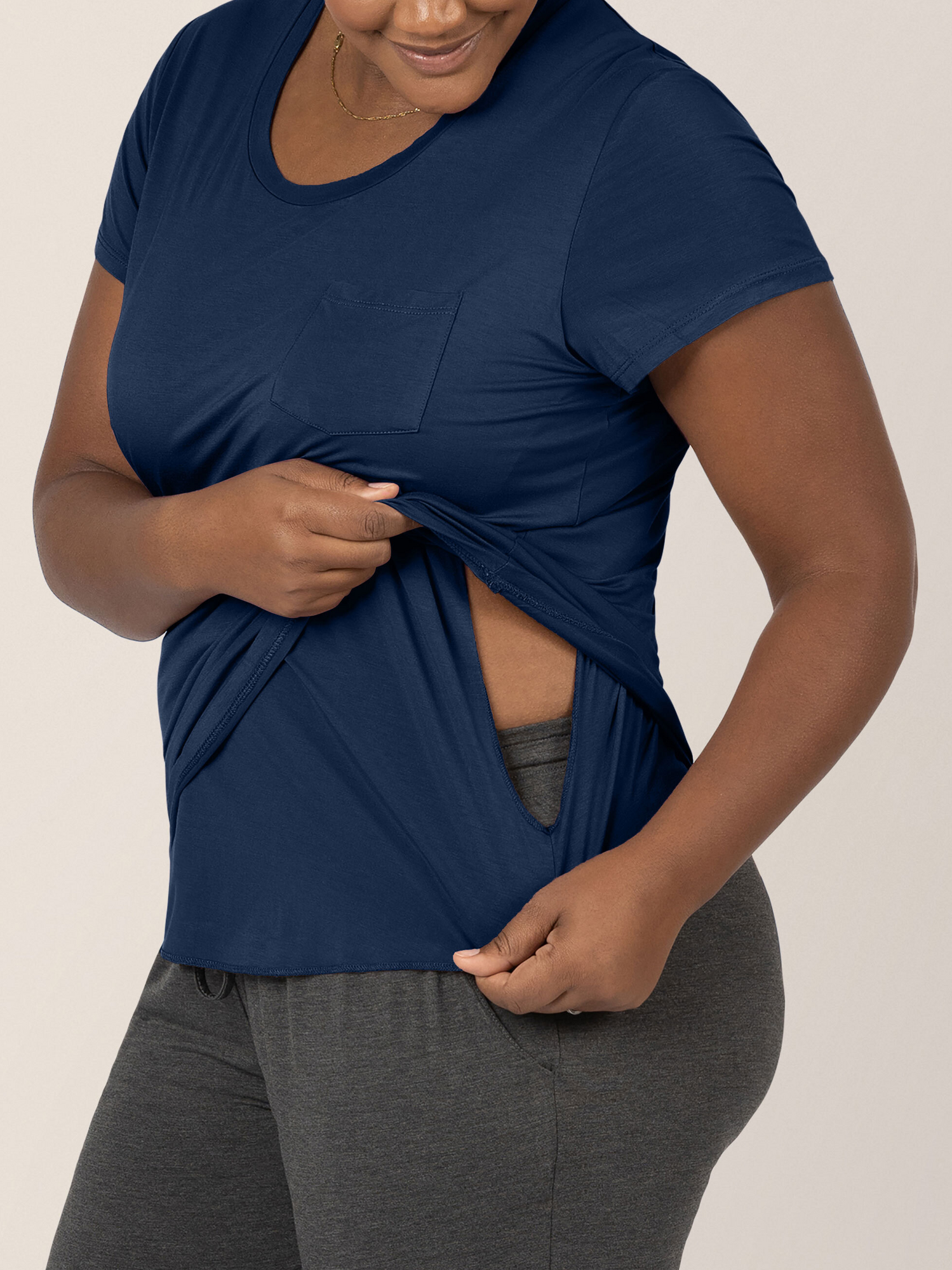 Closeup of the nursing panel on the Everyday Maternity & Nursing T-shirt in Navy