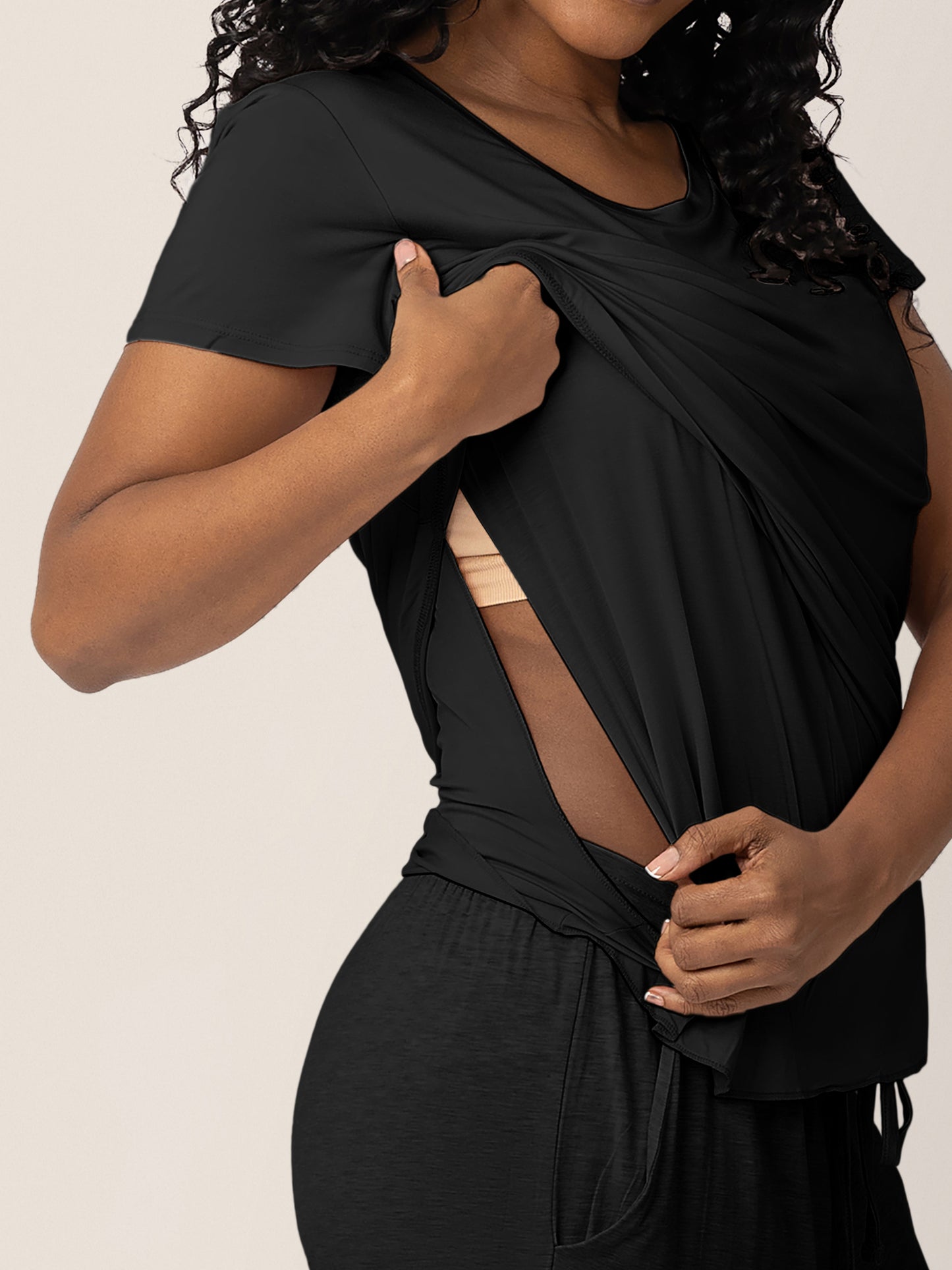 Model showing the nursing panel on the Everyday Maternity & Nursing T-shirt in Black