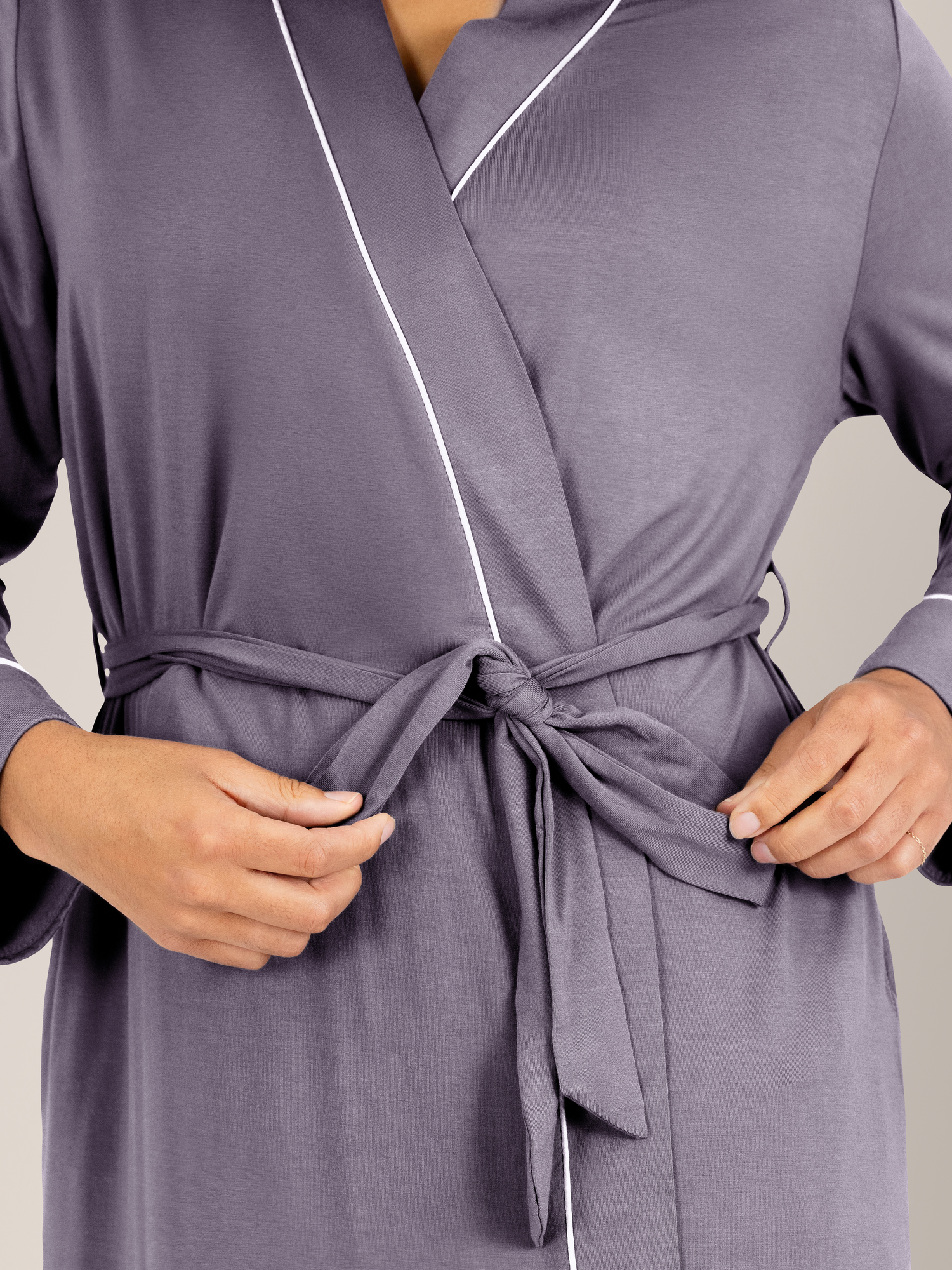 Closeup of the tie on the Clea Bamboo Robe in Granite.