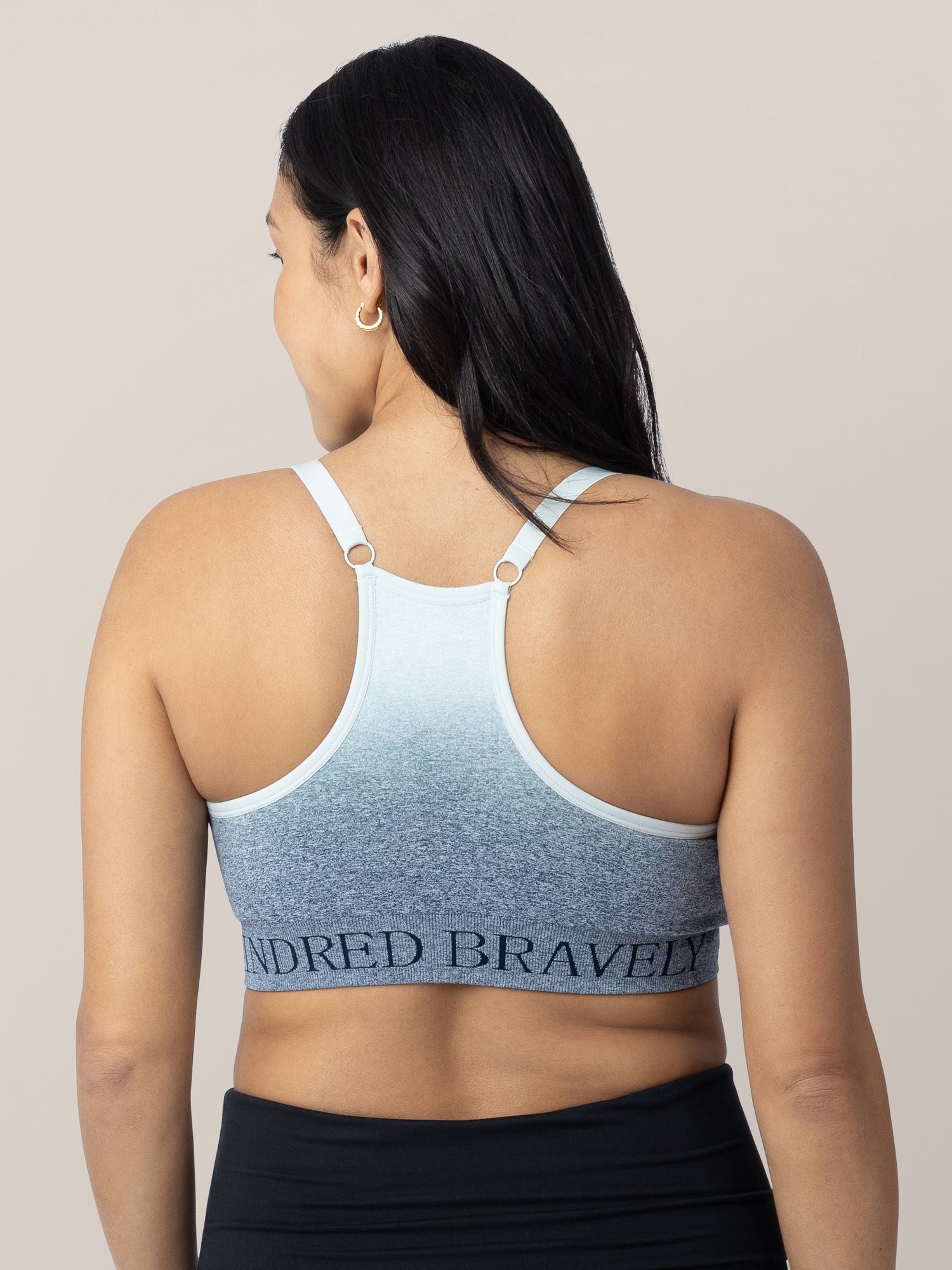 Back of a model wearing the Sublime® Nursing Sports Bra in Ombre Storm