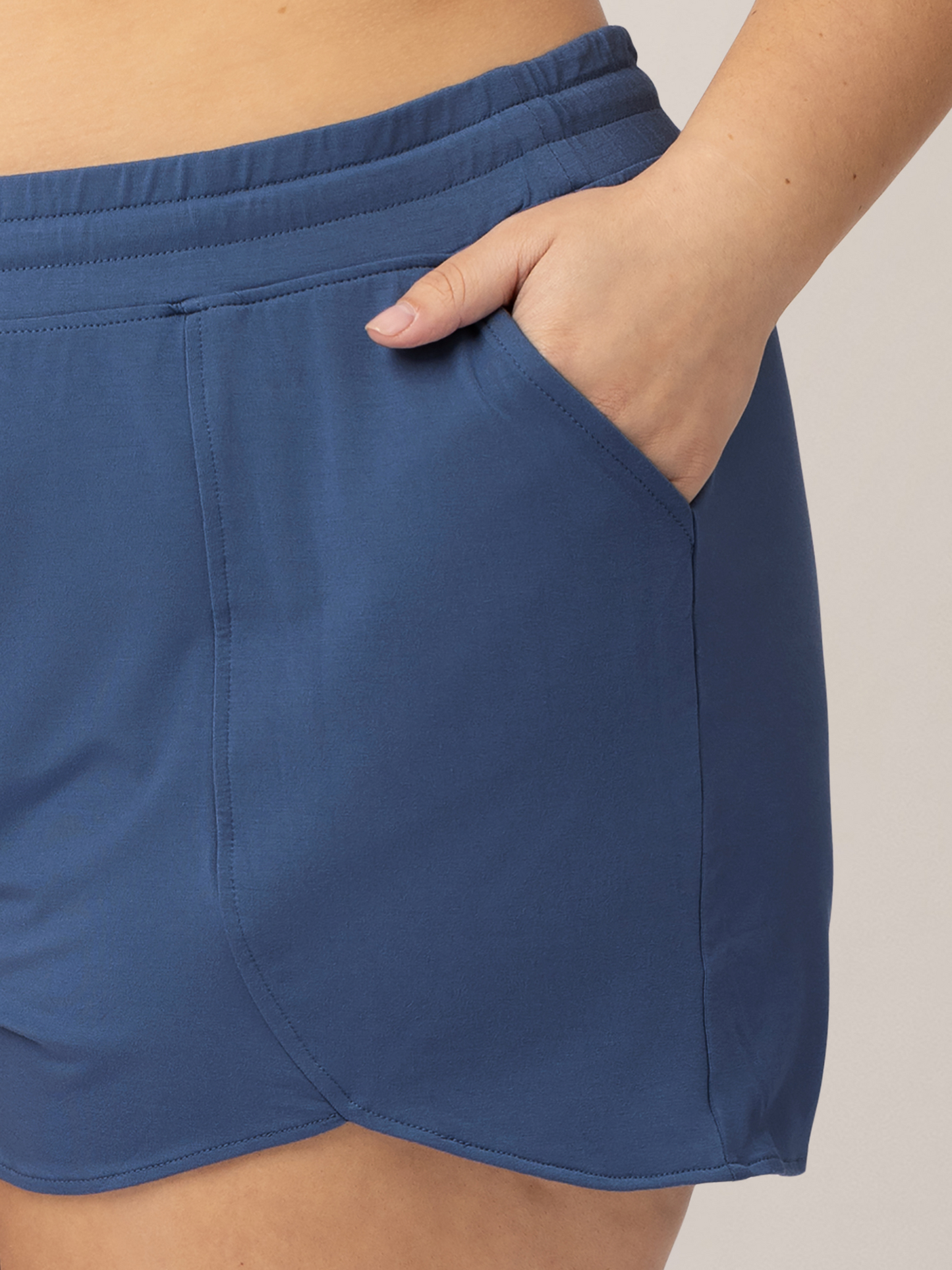 Closeup of the pocket on the Bamboo Maternity & Postpartum Lounge Short in Slate Blue