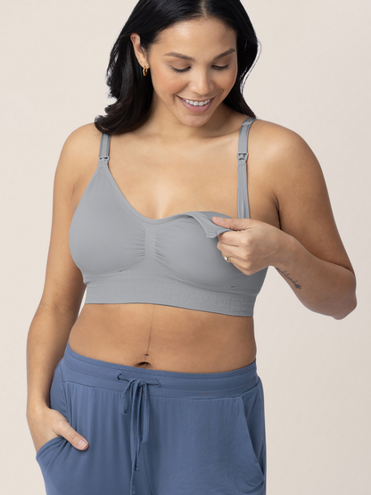 Model pulling down on the easy clip down nursing access on the Simply Sublime® Nursing Bra in Grey