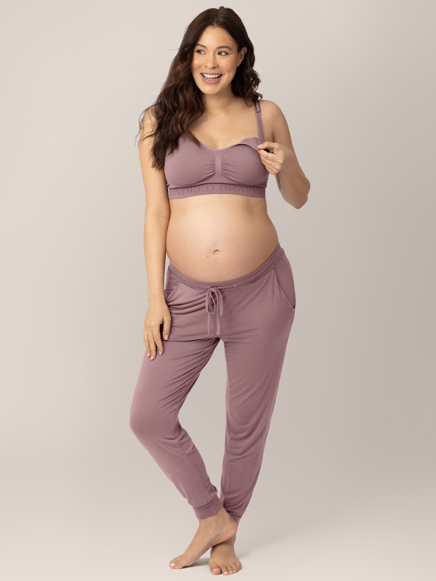 Model wearing the Simply Sublime® Nursing Bra in Twilight showing the easy clip down nursing access.