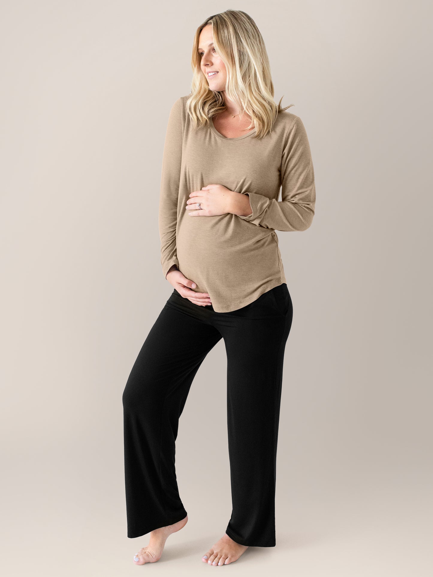 Pregnant model wearing the Bamboo Maternity & Nursing Long Sleeve T-shirt in Wheat