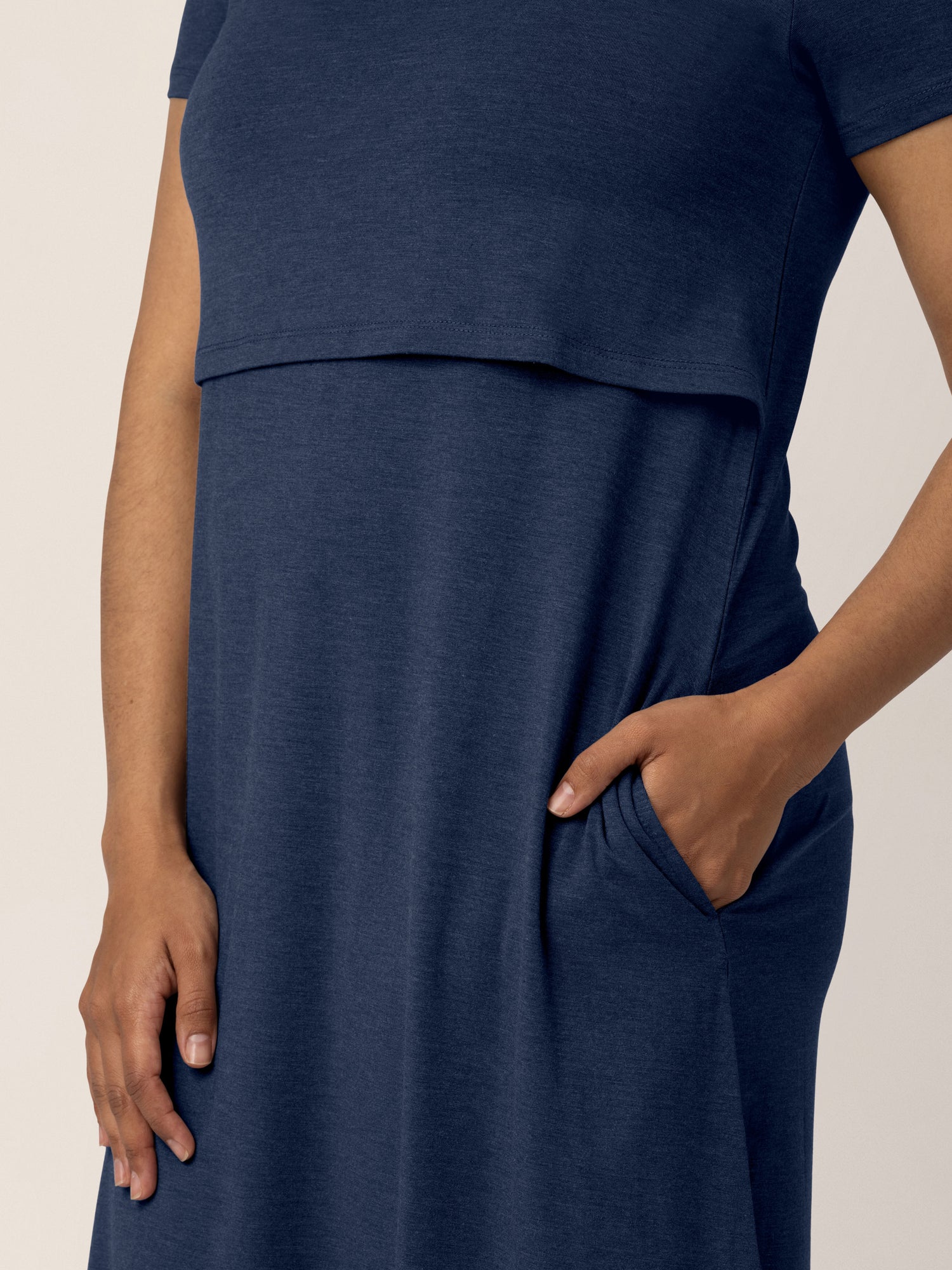 Closeup of the pocket on the  Eleanora Bamboo Maternity & Nursing Dress in Navy Heather. 