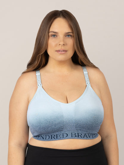 Model wearing the Sublime® Nursing Sports Bra in Ombre storm with her hands at her sides. @model_info:Ali is wearing a Large Busty.