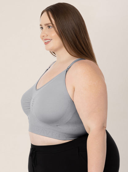 Side view of a model wearing the Simply Sublime® Nursing Bra in Grey