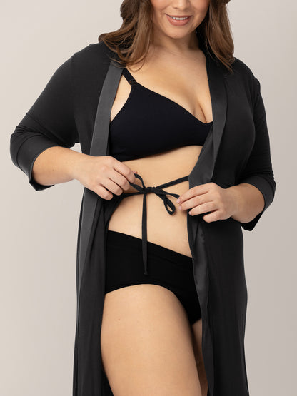 Model wearing the Emmaline Robe in Black showing the inside tie closure.