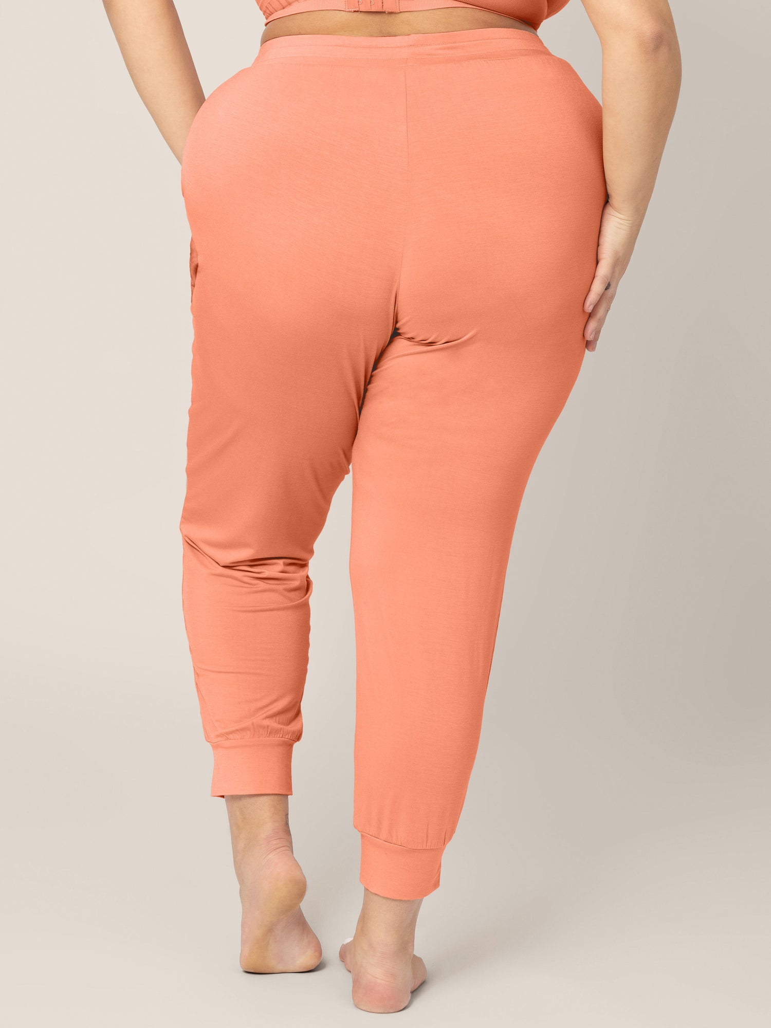 Back view of the bottom half of a model wearing the Everyday Lounge Joggers in Vintage Coral