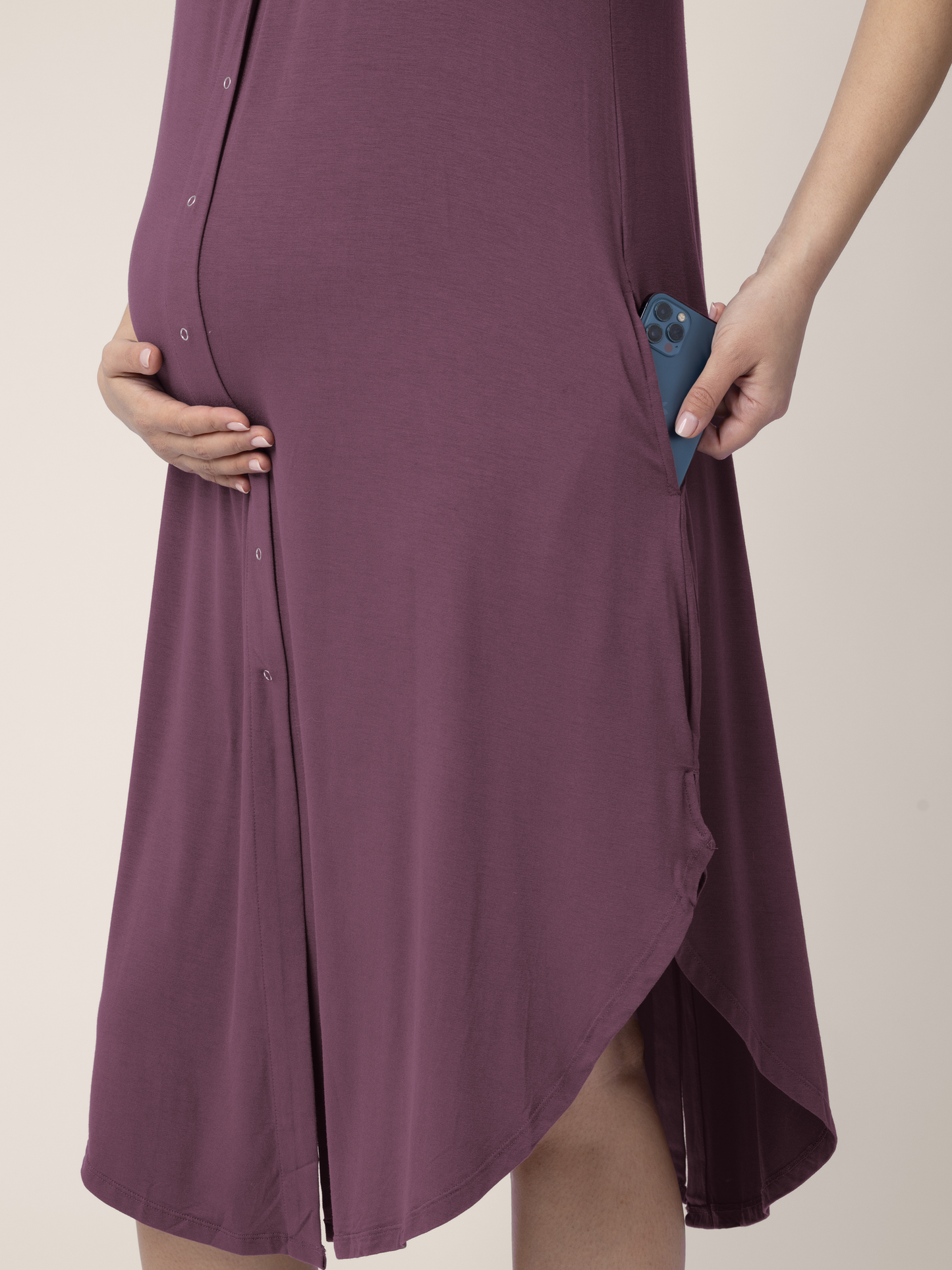 Closeup of the pocket on the Ruffle Strap Labor & Delivery Gown in Burgundy Plum