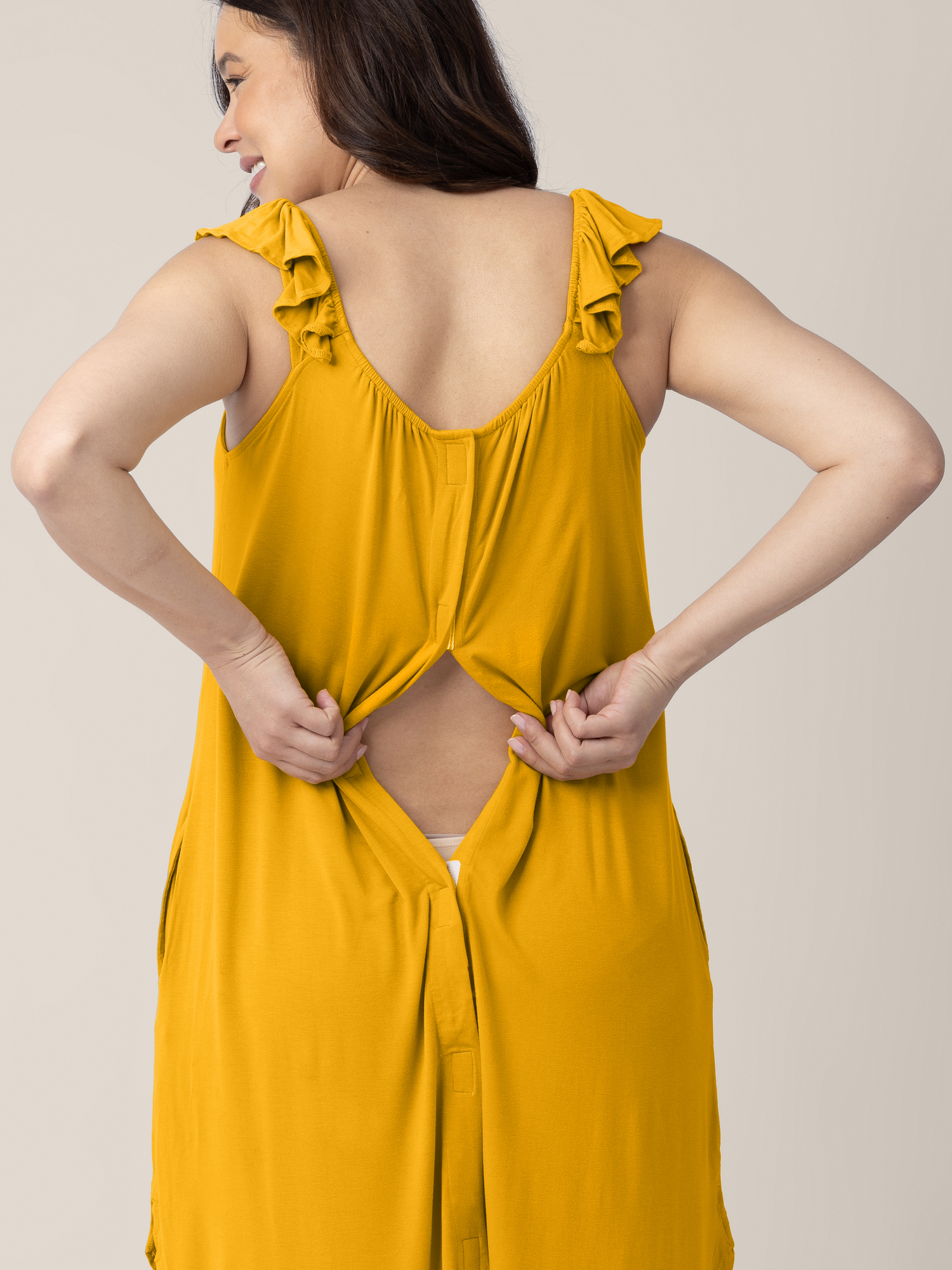 Epidural access on the Ruffle Strap Labor & Delivery Gown in Honey